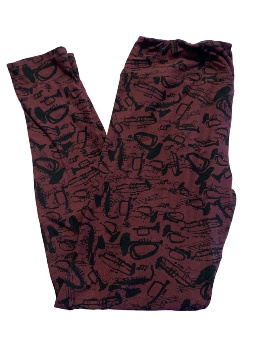 LuLaRoe Tall & Curvy Leggings Musical Trumpet Horn Print Maroon
